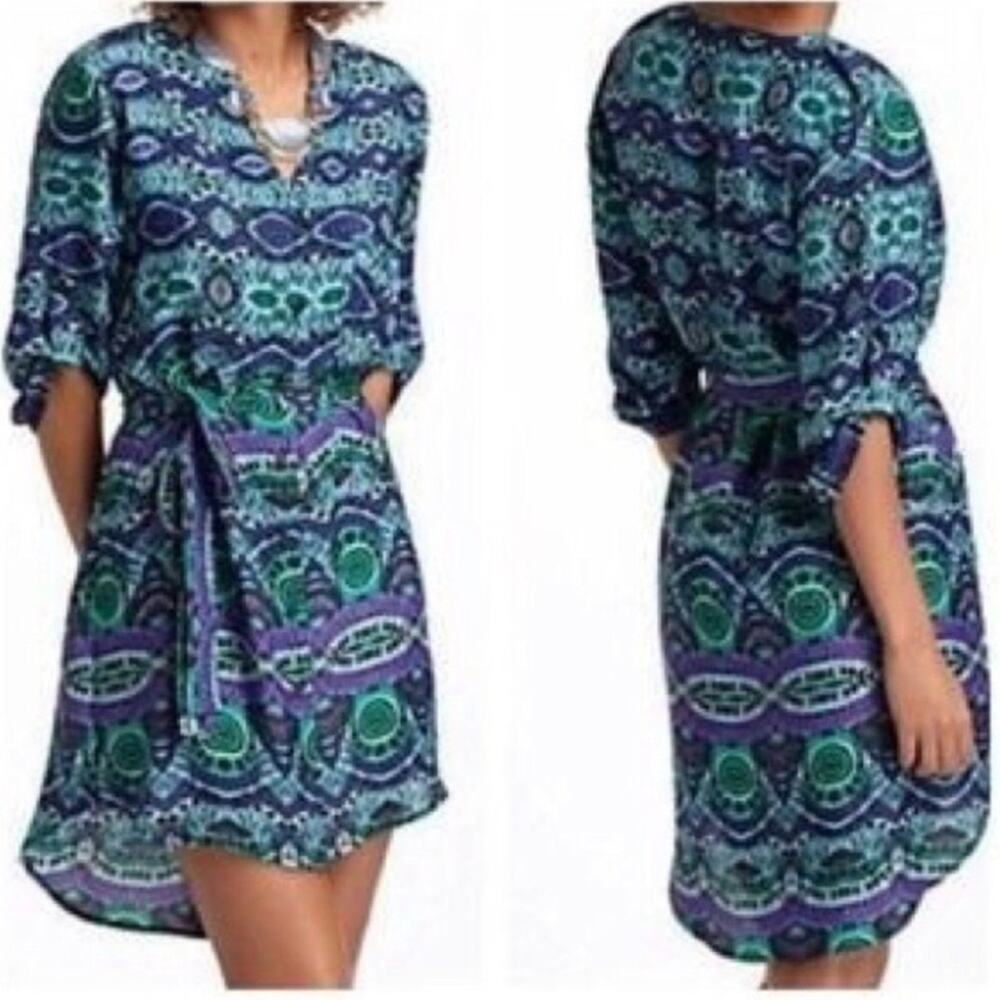Anthropologie Maeve blue purple geometric print shirt dress size Small